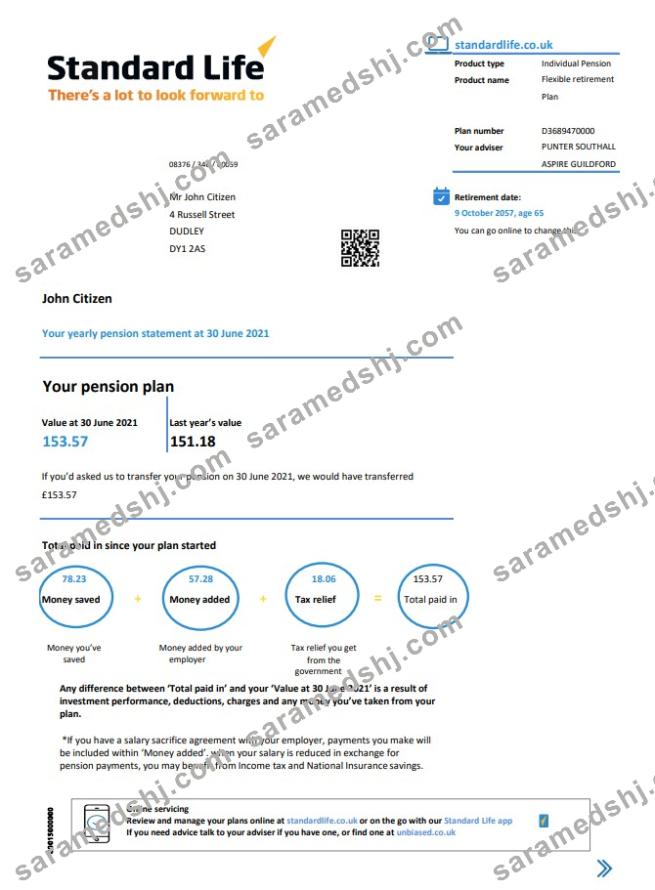 United Kingdom Standard Life proof of address pension statement in Excel and PDF (.xls and .pdf) format